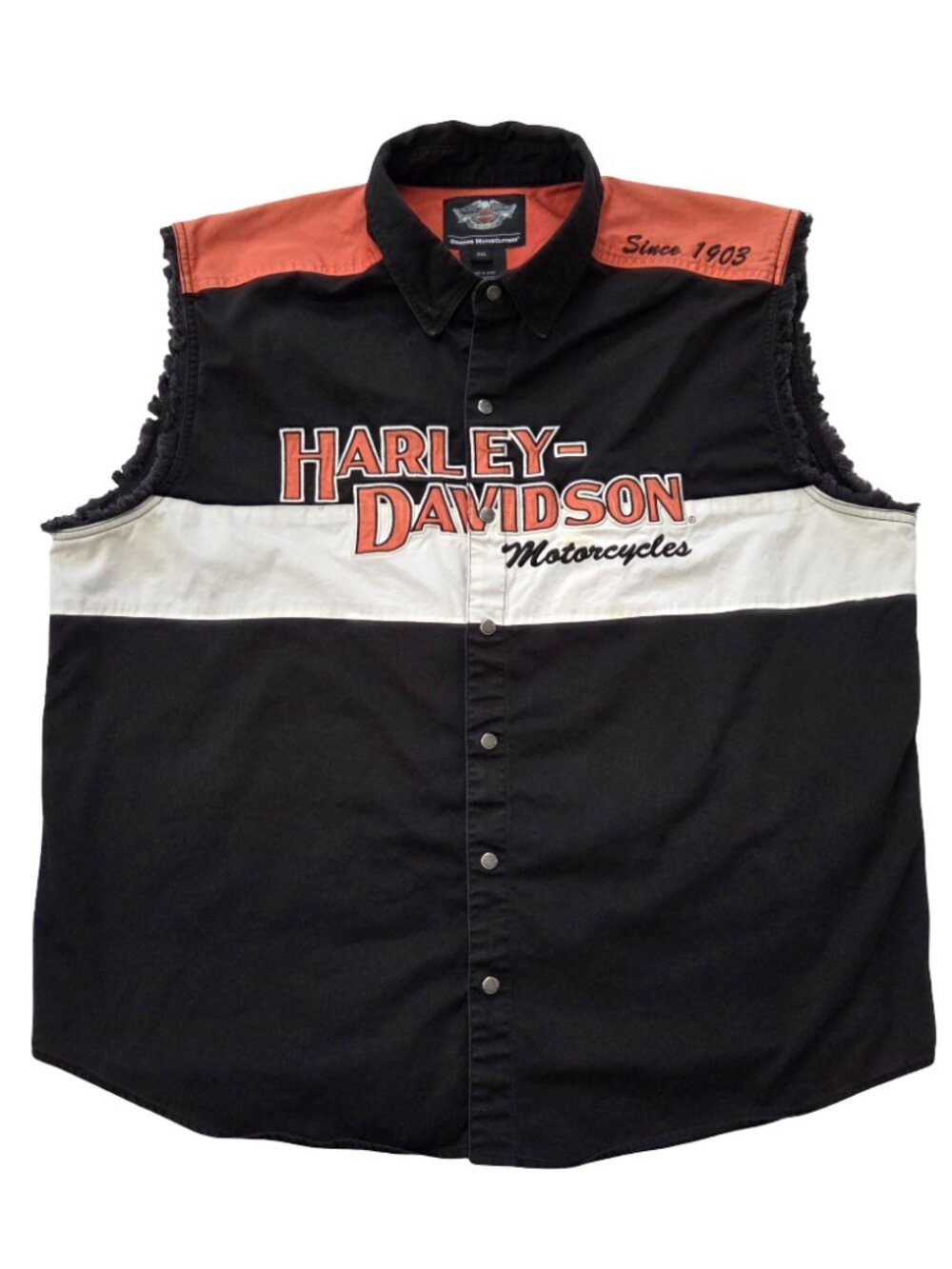 Harley Davidson Motorcycle Vest Mens 2XL Snap Embroidered Biker Black Orange
